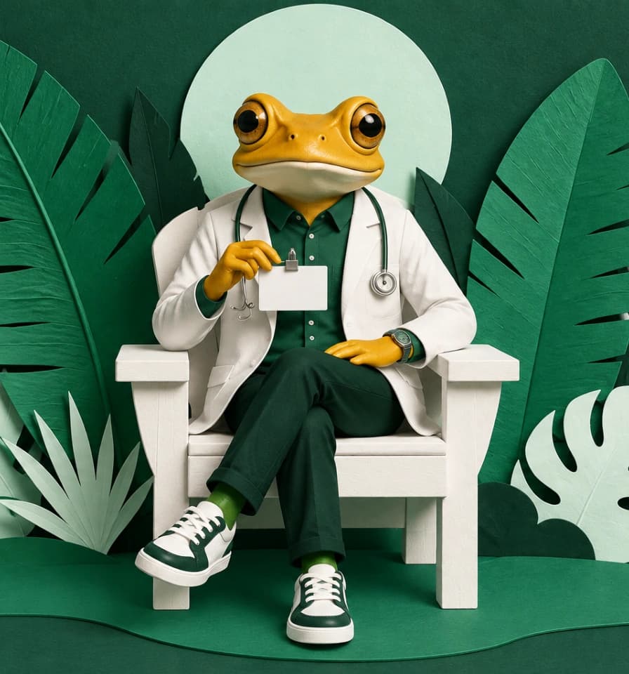 Golden doctor frog seated among green paper foliage