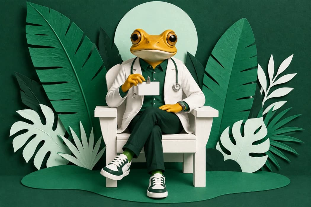 Golden doctor frog seated among green paper foliage
